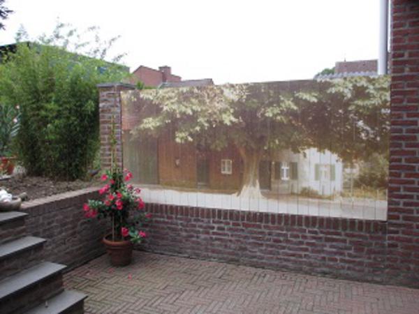 Foto op schutting huis boom tuinfoto tuinschilderij